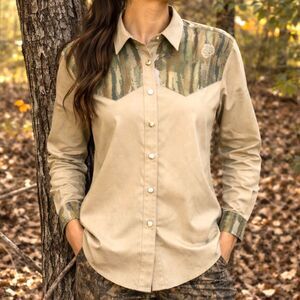 Vintage Dame-O-Flage Shirt Women's MEDIUM Beige Camo Western Button Up USA
